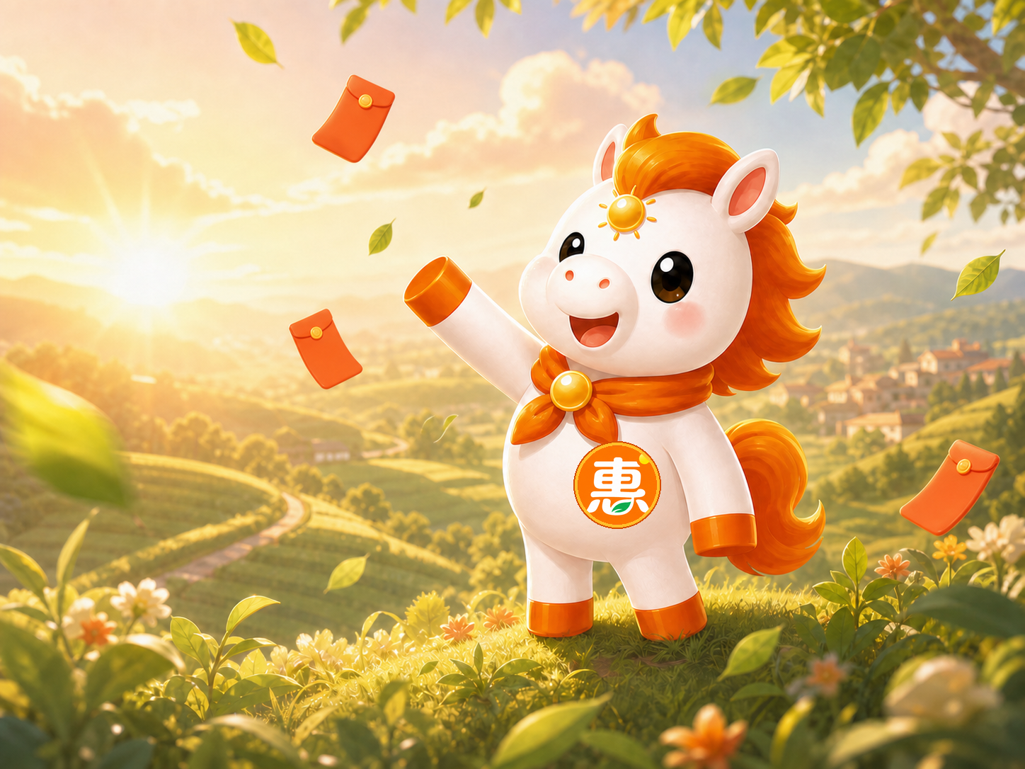 佩戴光合惠品牌胸牌的小马迎着阳光向阳生长